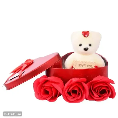 University Trendz Stainless Steel King Queen Couple Rings with Red Rose Flower Petals with Box & Soft Teddy Bear, Romantic Gift for Valentine Day-thumb3