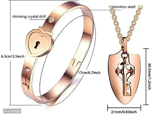 University Trendz Stainless Steel Heart Lock and Key Bracelet Pendant Set for Couples Men and Women (Rosegold)-thumb3