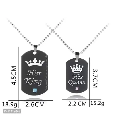 University Trendz Black Stainless Steel Her King His Queen Couple Pendant Necklace with Chains for Men, Women & Lovers (Black-Silver)-thumb2