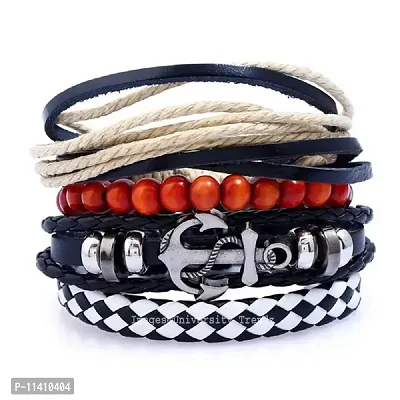 University Trendz Multiple Layers Leather & Charms Multi-Strand Bracelet for Men & Boys (Black) (Pack of 4)