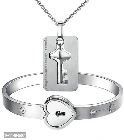 University Trendz Heart Key and Lock Stainless Steel Bracelet Pendant Set for Couples, Lovers Men and Women (Silver)