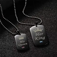 University Trendz Black Stainless Steel Her King His Queen Couple Pendant Necklace with Chains for Men, Women & Lovers (Black-Silver)-thumb2