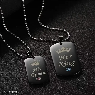 University Trendz Black Stainless Steel Her King His Queen Couple Pendant Necklace with Chains for Men, Women & Lovers (Black-Silver)-thumb3