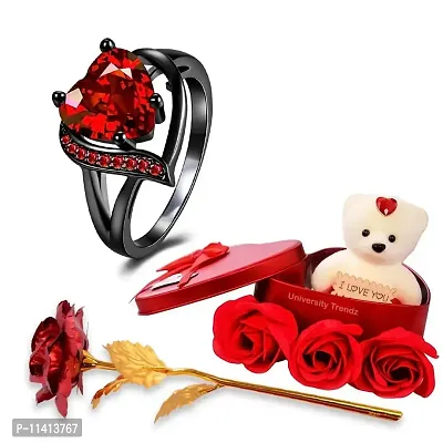 University Trendz Black Ruby Cubic-Zirconia Ring - Valentine Promise Rings with Red Rose Flower Box and Soft Teddy Bear