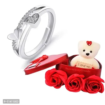 University Trendz Silver Plated Double Heart Shape Adjustable Ring with Red Rose Flower Box and Soft Teddy Bear, Best Valentine Day Gift