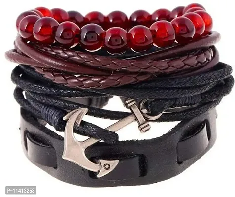 University Trendz Brown, Red Multiple Layers Leather, Rope Chain and Charms Bracelet for Men & Boys(Pack of 4)(Brown & Red)