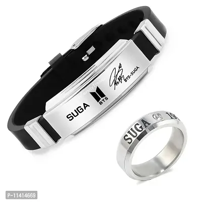 University Trendz 316l Stainless Steel Bts Bangtan Ring Combo With Signature Printing Silicon Bracelet For Men & Children (silver)-thumb0
