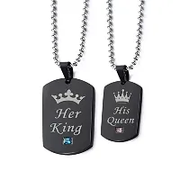 University Trendz Black Stainless Steel Her King His Queen Couple Pendant Necklace with Chains for Men, Women & Lovers (Black-Silver)-thumb3