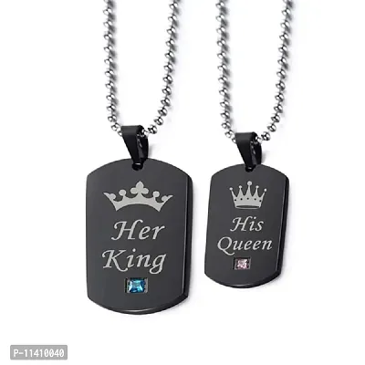 University Trendz Black Stainless Steel Her King His Queen Couple Pendant Necklace with Chains for Men, Women & Lovers (Black-Silver)-thumb4