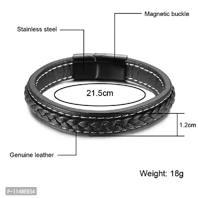 University Trendz Black Braided Leather Bracelet Stainless Steel Black Magnetic Clasp for Mens & Boys-thumb2