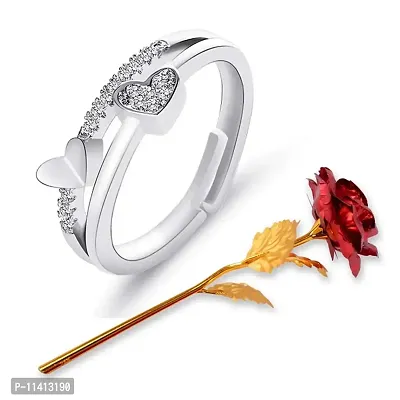 University Trendz Silver Silver Plated Double Heart Shape Adjustable Ring with Artificial Red Rose Flower Box for Girlfriend, Wife, Lovers Romantic Gift for Valentine Day