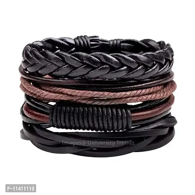 University Trendz Black Leather Dyed Rope Multi Strand Wrist Band Bracelet for Men & Women (Set of 4) (Black)