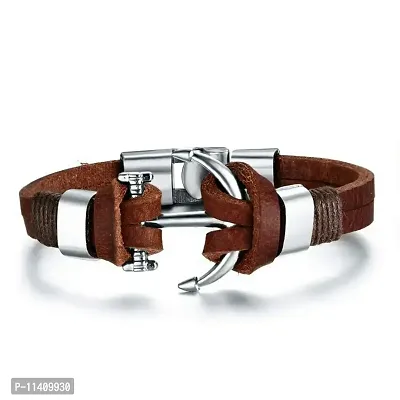 University Trendz Stainless Steel & Alloy Skin Friendly Leather Wrap Anchor Bracelet for Men (Brown)