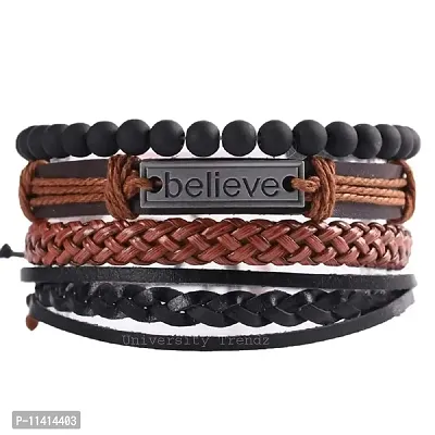 University Trendz Multistrand Wooden Beads Beleive Metal Plate Genuine Leather Rope Bracelet for Men/Women/Girls/Boys, Fashion Jewelry for Unisex (Set of 4)