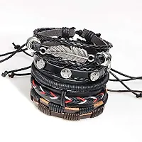 University Trendz Black Base Metal Leather Dyed Rope Multi Strand Wrist Band Bracelet for Men & Women(Set of 5)(Black)-thumb2