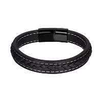 University Trendz Black Braided Leather Bracelet Stainless Steel Black Magnetic Clasp for Mens & Boys-thumb3