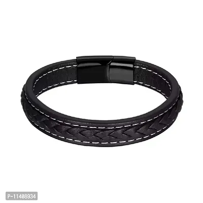 University Trendz Black Braided Leather Bracelet Stainless Steel Black Magnetic Clasp for Mens & Boys-thumb4