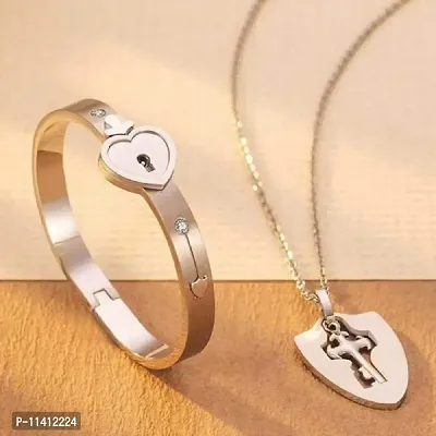 University Trendz Stainless Steel Heart Lock and Key Bracelet Pendant Set for Couples Men and Women (Rosegold)-thumb4