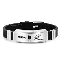 University Trendz 316l Stainless Steel Bts Bangtan Ring Combo With Signature Printing Silicon Bracelet For Men & Children (silver)-thumb1