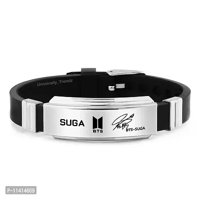 University Trendz 316l Stainless Steel Bts Bangtan Ring Combo With Signature Printing Silicon Bracelet For Men & Children (silver)-thumb2
