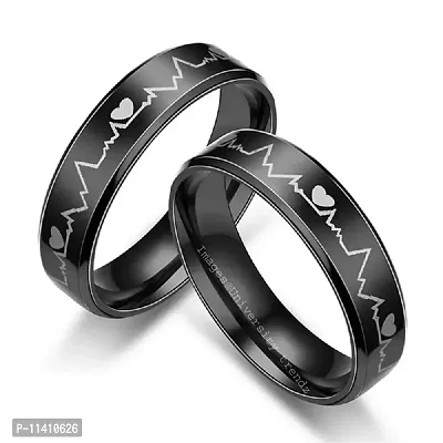 University Trendz Black Non-Precious Metal Stainless Steel Heart Beat Engraved Couple Rings for Unisex