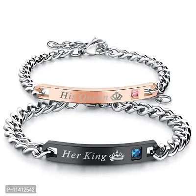 University Trendz 2PCS Her King His Queen Stainless Steel Zircon Couples Bracelets for Lovers Men and Women-Perfect Valentine Day