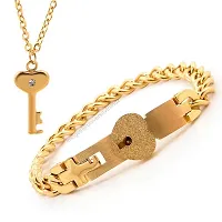 University Trendz Stainless Steel Heart Lock and Key Bracelet Pendant Set for Couples Men and Women (Gold)-thumb1