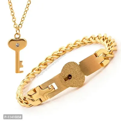 University Trendz Stainless Steel Heart Lock and Key Bracelet Pendant Set for Couples Men and Women (Gold)-thumb2