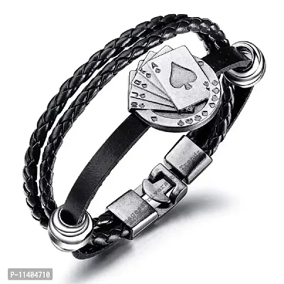 University Trendz Black and Silver Multi-Layer PU Leather Base Metal Rope Braided Bracelet Wrist Band for Men and Boys