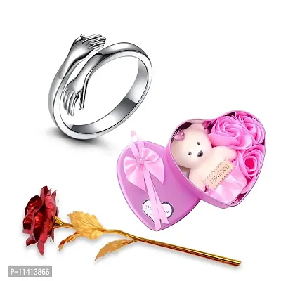 University Trendz Valentine Romantic Gift Combo of Open Love Hug Hand Adjustable Ring with Red Rose Flower & Pink Teddy Bear (Pack of 3)