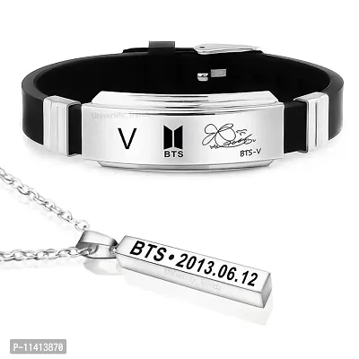 University Trendz BTS Kpop V Signature Silicon Bracelet with V Pendant Necklace for Men & Women-thumb0