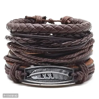University Trendz Men's Leather Base Metal Bracelet (Black, Pack of 4)