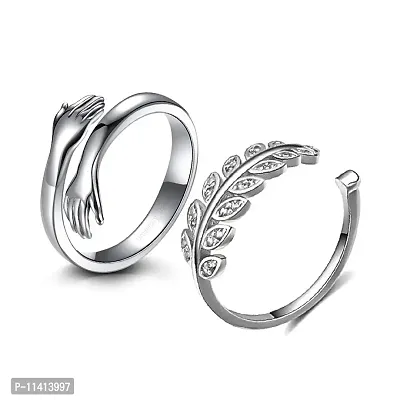 University Trendz Zircon Leaf Silver Plated Adjustable Ring Combo with Open Adjustable Hug Ring (Pack of 2)