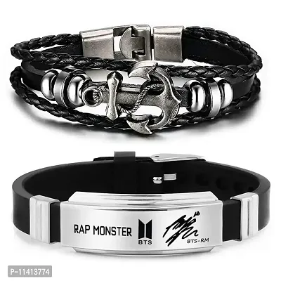 University Trendz BTS Kpop Rap Monster Signature Printing Silicon Bracelet Combo with Leather Multi Rope Bracelet (Pack of 2)