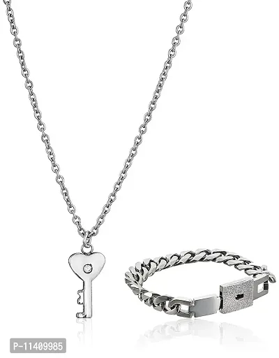 University Trendz Newest Lock and Key Stainless Steel Couple Bracelet Pendant Necklace Set for Boys, Girls, Men & Women