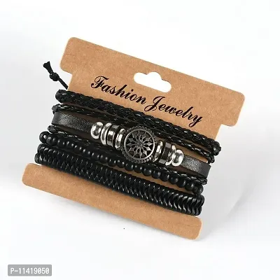University Trendz 4 PCs Adjustable Multiple Layer PU Leather Bracelets - Tree Flower Charm Bracelet for Boys & Men-thumb3