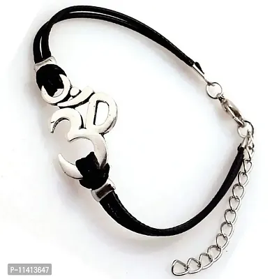 University Trendz PU Leather OM Hindu Buddhist Bracelet, Silver OM for Men and Women Religious Bracelet (Black)