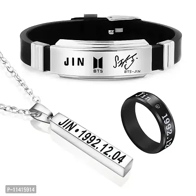 University Trendz BTS Jin Tri Combo - Kpop Jin Signature Bracelet, Bar Pendant & Name DOB Engraved Black Stainless Steel Ring (Pack of 3)