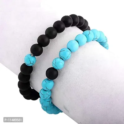 University Trendz Natural Stone Beads His Her Couple & Combo Charm Bracelet for Men and Women (Blue-Black)-thumb3