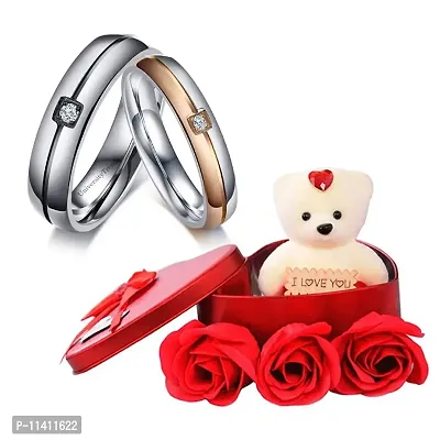 University Trendz Stainless Steel Cubic Zirconia Couple Ring with Red Rose Flower Petals with Box & Soft Teddy Bear, Romantic Gift for Valentine Day