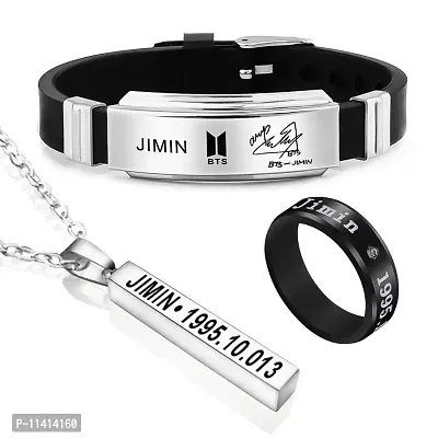 University Trendz BTS Jimin Combo - Bangtan Jimin Signature Bracelet, Bar Pendant & Name DOB Engraved Black Stainless Steel Ring (Pack of 3)-thumb0