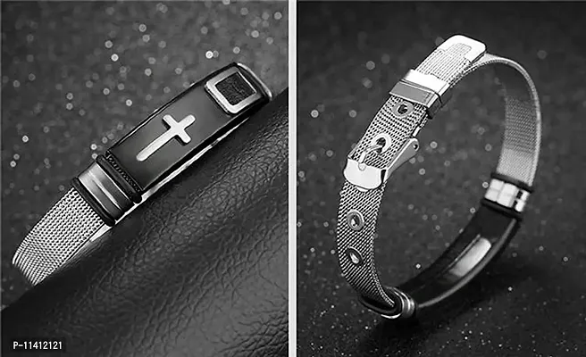 University Trendz Stainless Steel Western Style Jesus Christ Cross Design Casual Bracelet for Boys and Girls (Silver)-thumb3