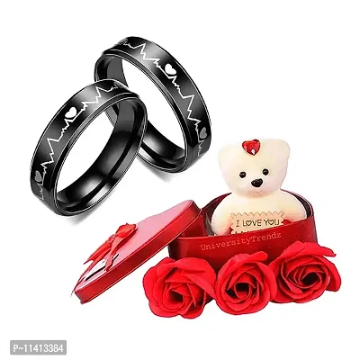 University Trendz Stainless Steel Black Heart Beat Couple Rings with Red Rose Flower Box and Soft Teddy Bear, Best Valentine Day Gift