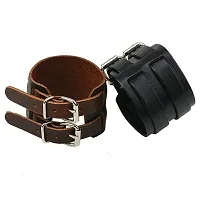 University Trendz Double Leather Black Buckle Cuff Bracelet for Men and Women-thumb2