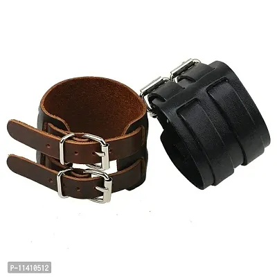 University Trendz Double Leather Black Buckle Cuff Bracelet for Men and Women-thumb3