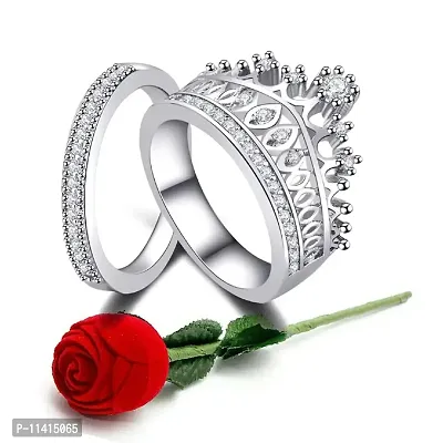 University Trendz Silver Plated 2 PCs Crown Queen Princess Ring with Velvet Red Rose Box