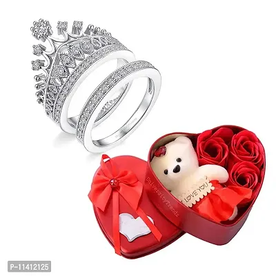 University Trendz Silver Crown Pattern Ring with Red Rose Flower Petals with Box & Soft Teddy Bear, Romantic Gift for Valentine Day
