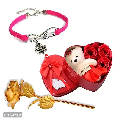 University Trendz Valentine's Special 3 Set Combo - Pink Rose Leather Bracelet, Artificial Golden Rose & Soft Teddy Flower Box