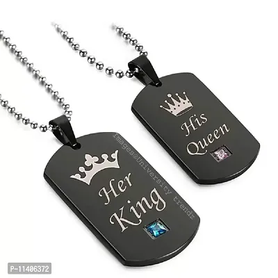 University Trendz Stainless Steel King Queen Couple Love Black Silver Metal Pendant with Link Chain for Men and Women