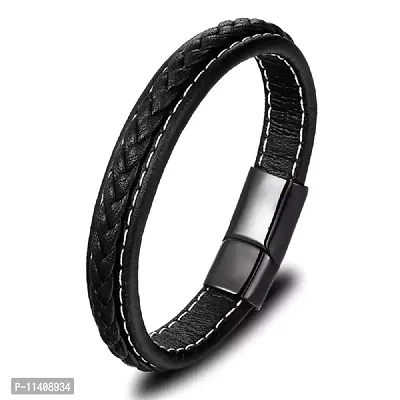 University Trendz Black Braided Leather Bracelet Stainless Steel Black Magnetic Clasp for Mens & Boys-thumb0